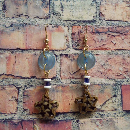 Vintage Blue Button and Carved Bone Stars Handmade Earrings