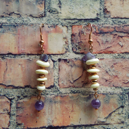 Amethyst and Bone Copper Handmade Earrings
