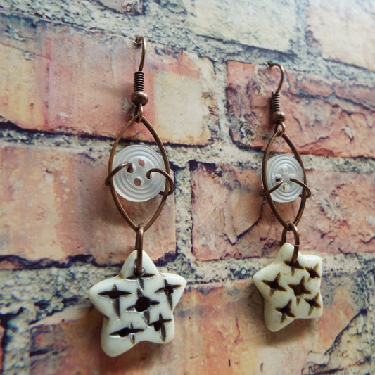 Vintage Button and Carved Bone Handmade Earrings