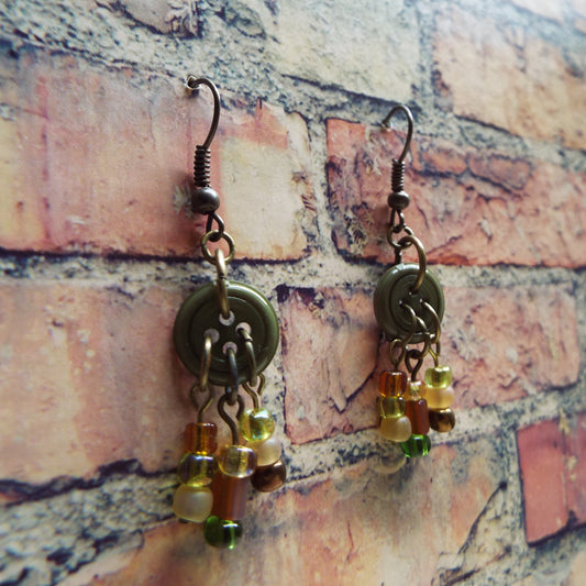 Vintage Hunter Green Button & Glass Bead Handmade Earrings