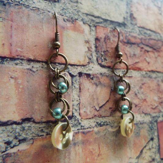 Teal Glass & Vintage Button Chainmail Earrings
