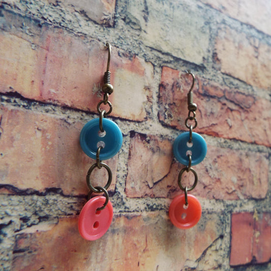 Pink & Blue Vintage Button Handmade Earrings