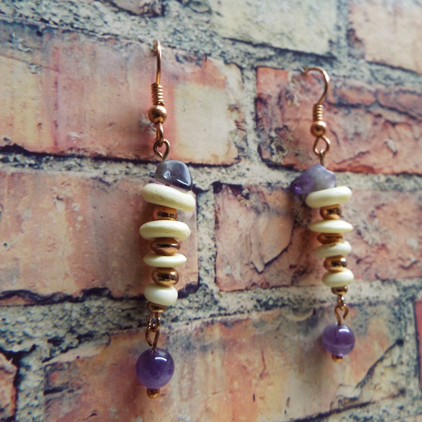 Amethyst and Bone Copper Handmade Earrings
