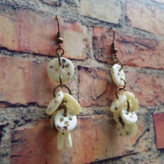 White Speckled Vintage Button Handmade Earrings