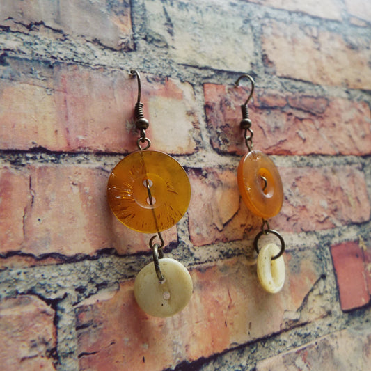 Amber and Mother of Pearl Vintage Button Handmade Earrings