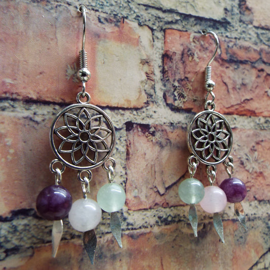 Rose Quartz, Amethyst, and Fluorite Mandala Handmade Earrings