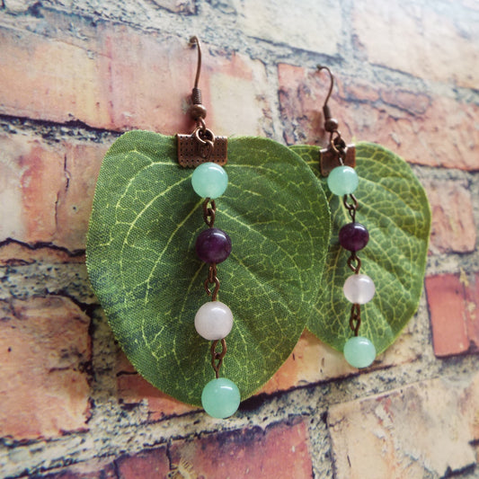 Mystic Leaves Amethyst, Rose Quartz, and Fluorite Handmade Earrings