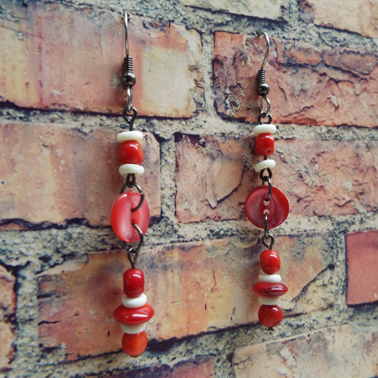 Vintage Red Button, Bamboo Coral, and Carved Bone Handmade Earrings