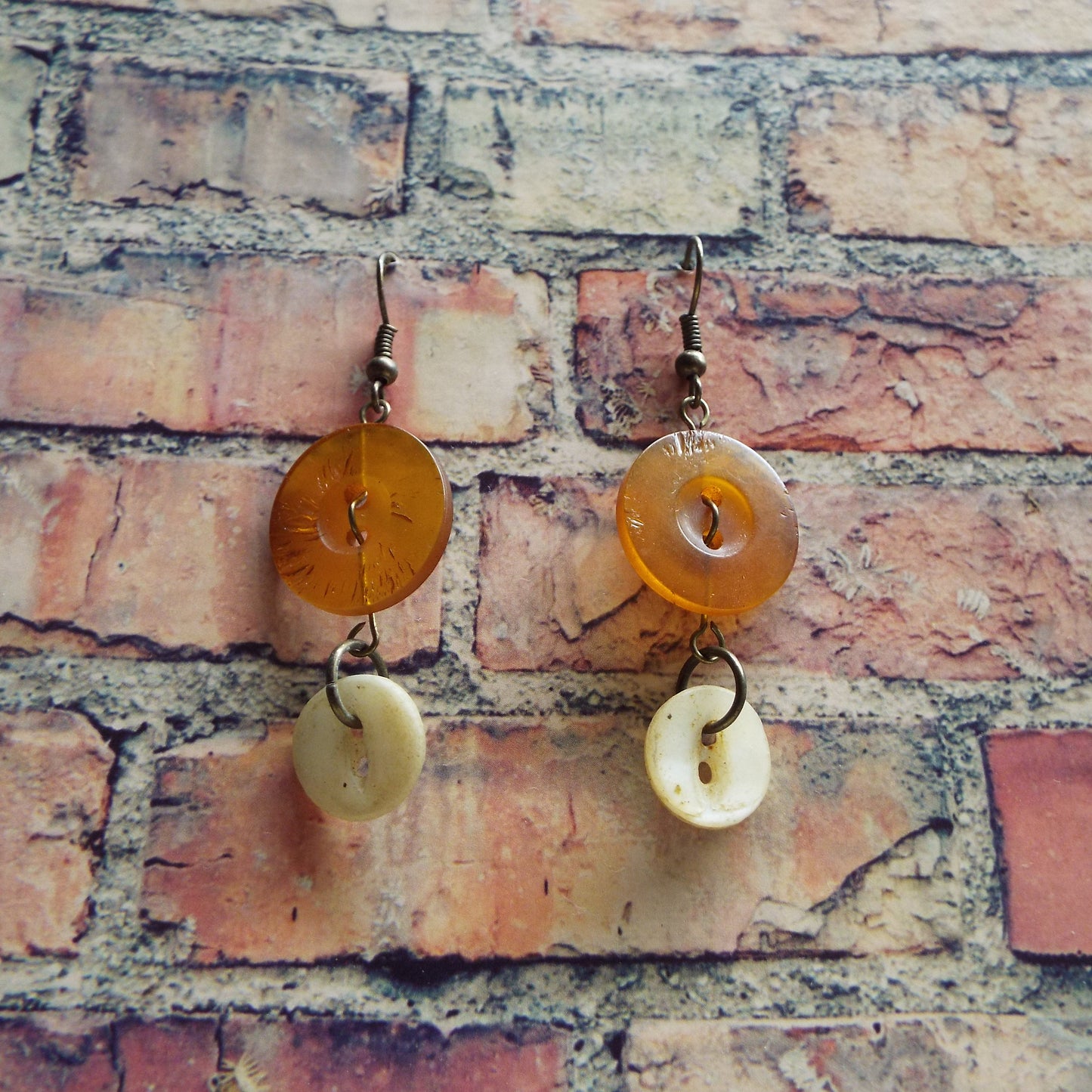 Amber and Mother of Pearl Vintage Button Handmade Earrings