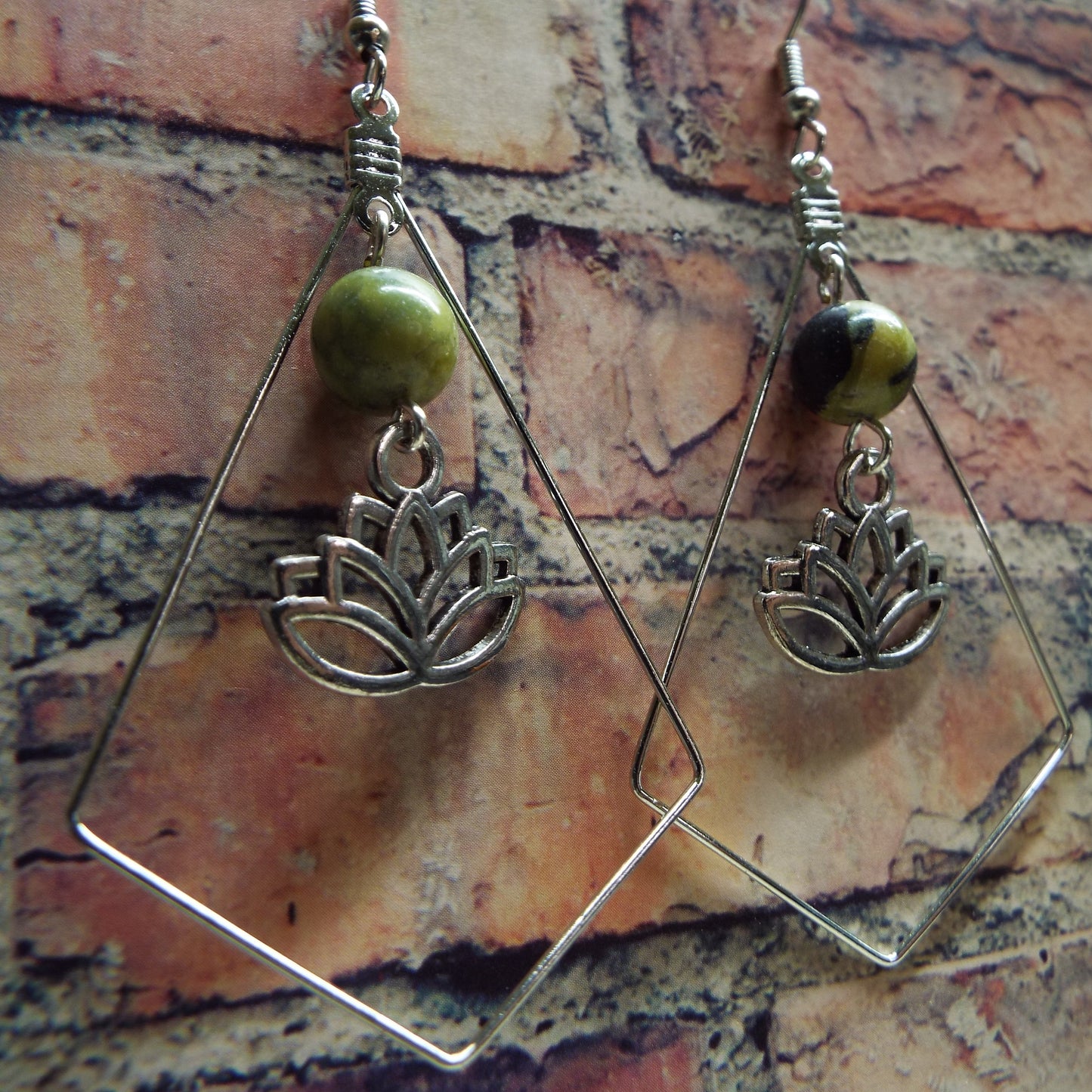 Grass Jasper and Lotus Blossom Handmade Earrings