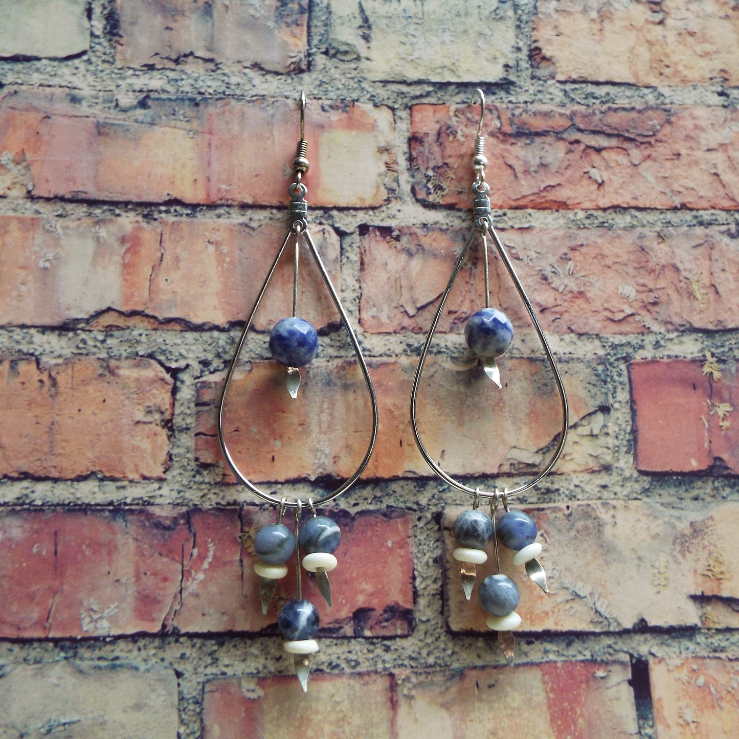 Sodalite and Carved Bone Teardrop Earrings