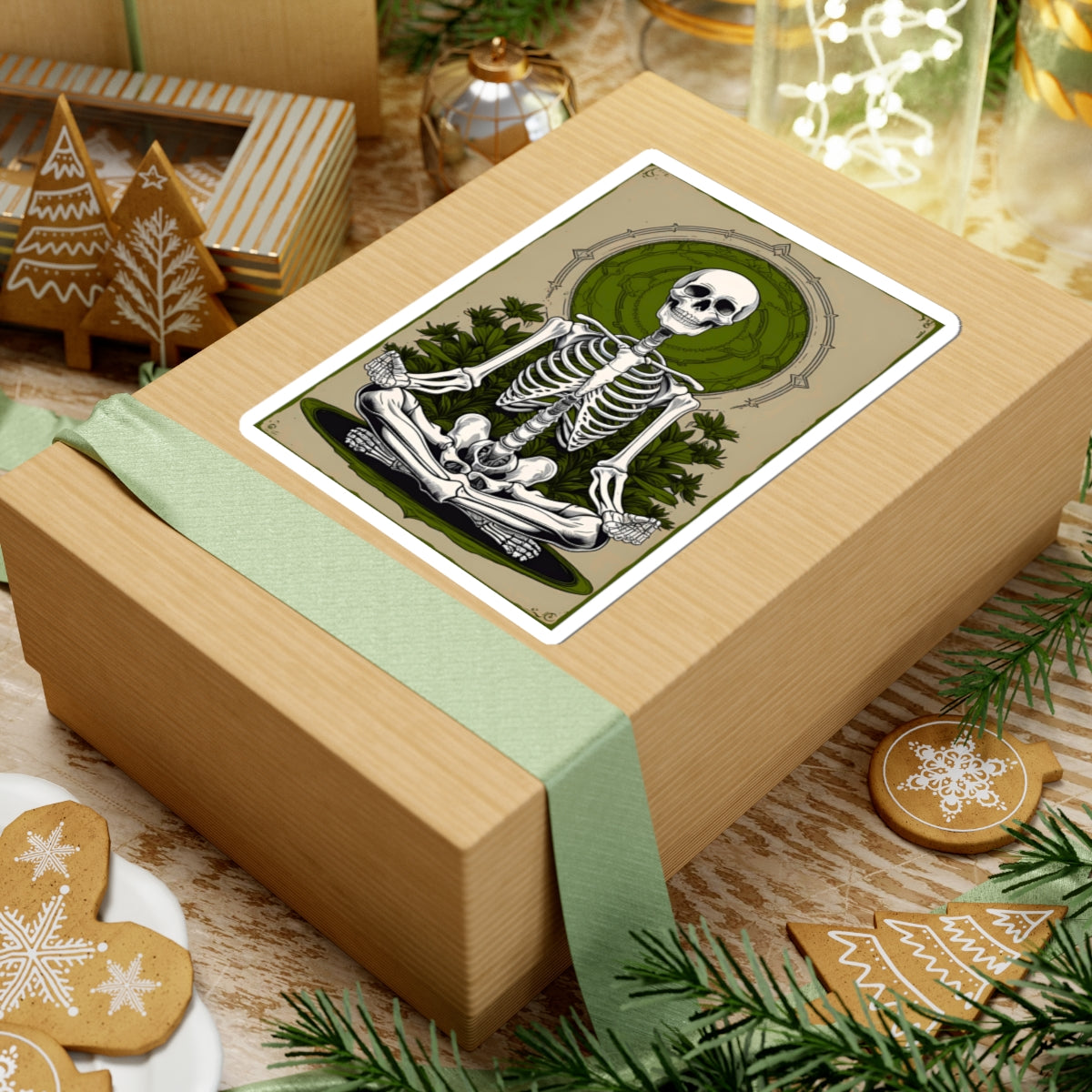 Green Mindful Skeleton Meditating Kiss-Cut Stickers