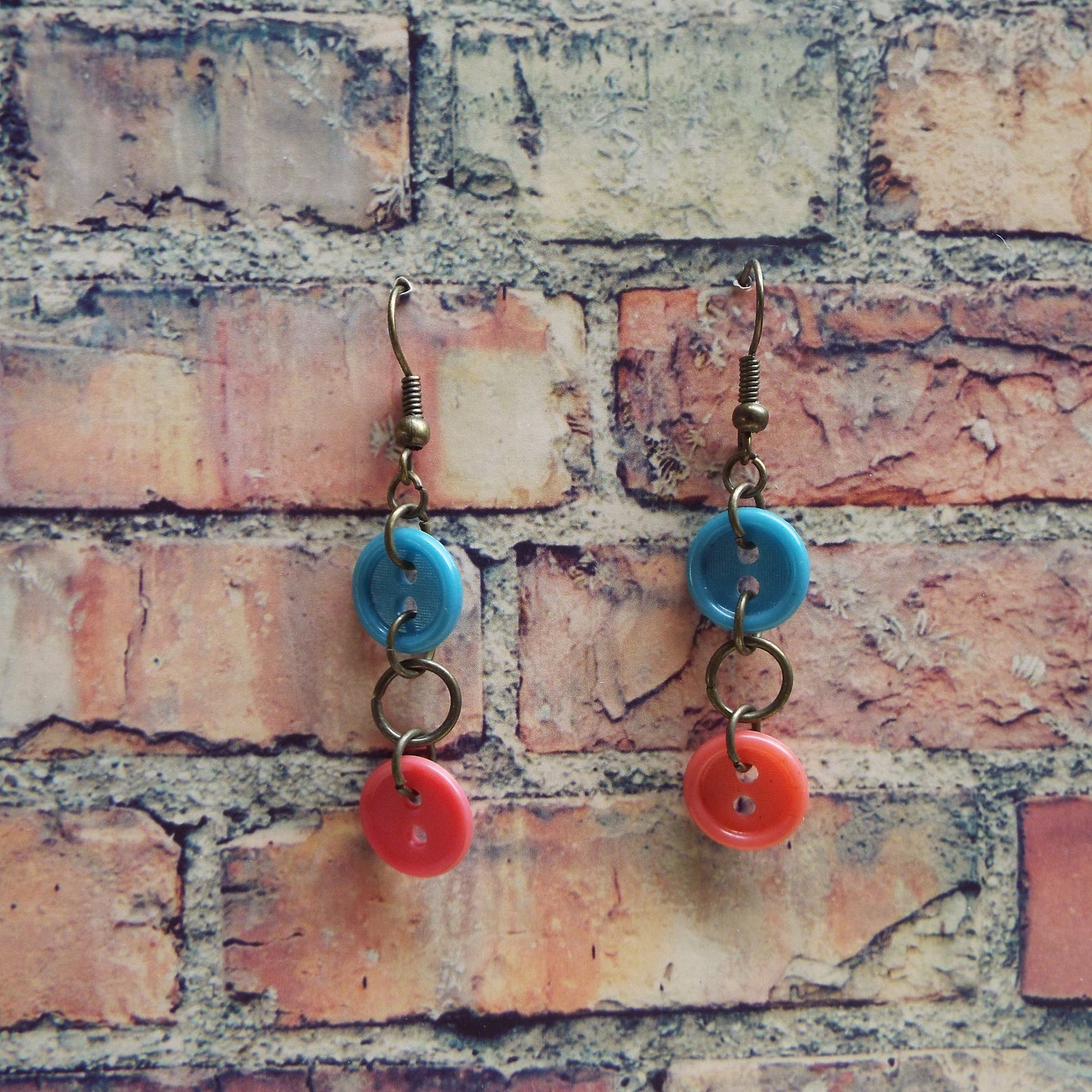 Pink & Blue Vintage Button Handmade Earrings