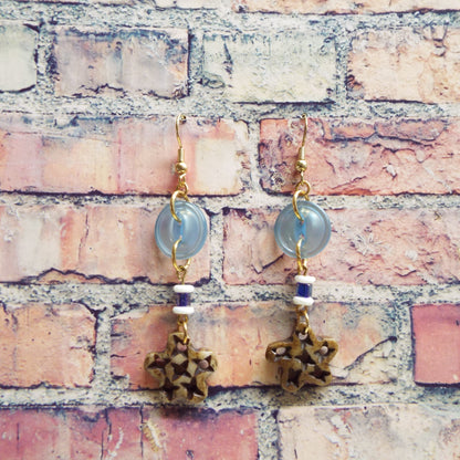 Vintage Blue Button and Carved Bone Stars Handmade Earrings