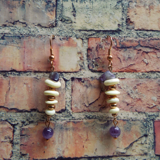 Amethyst and Bone Copper Handmade Earrings