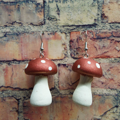 Hand-Painted Wooden Mushroom Earrings