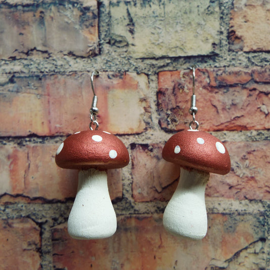 Hand-Painted Wooden Mushroom Earrings