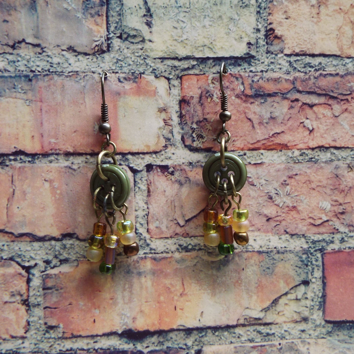 Vintage Hunter Green Button & Glass Bead Handmade Earrings