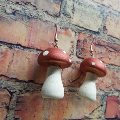 Hand-Painted Wooden Mushroom Earrings
