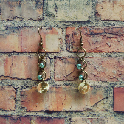 Teal Glass & Vintage Button Chainmail Earrings