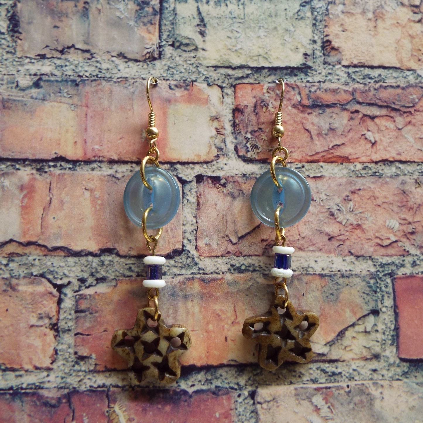 Vintage Blue Button and Carved Bone Stars Handmade Earrings