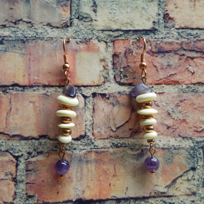 Amethyst and Bone Copper Handmade Earrings