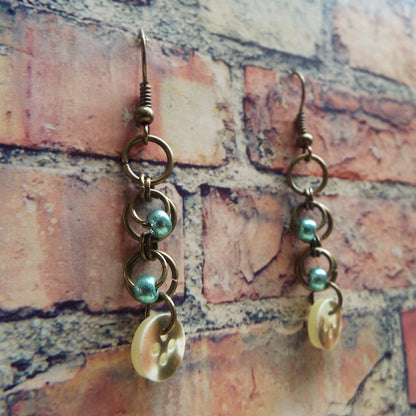 Teal Glass & Vintage Button Chainmail Earrings