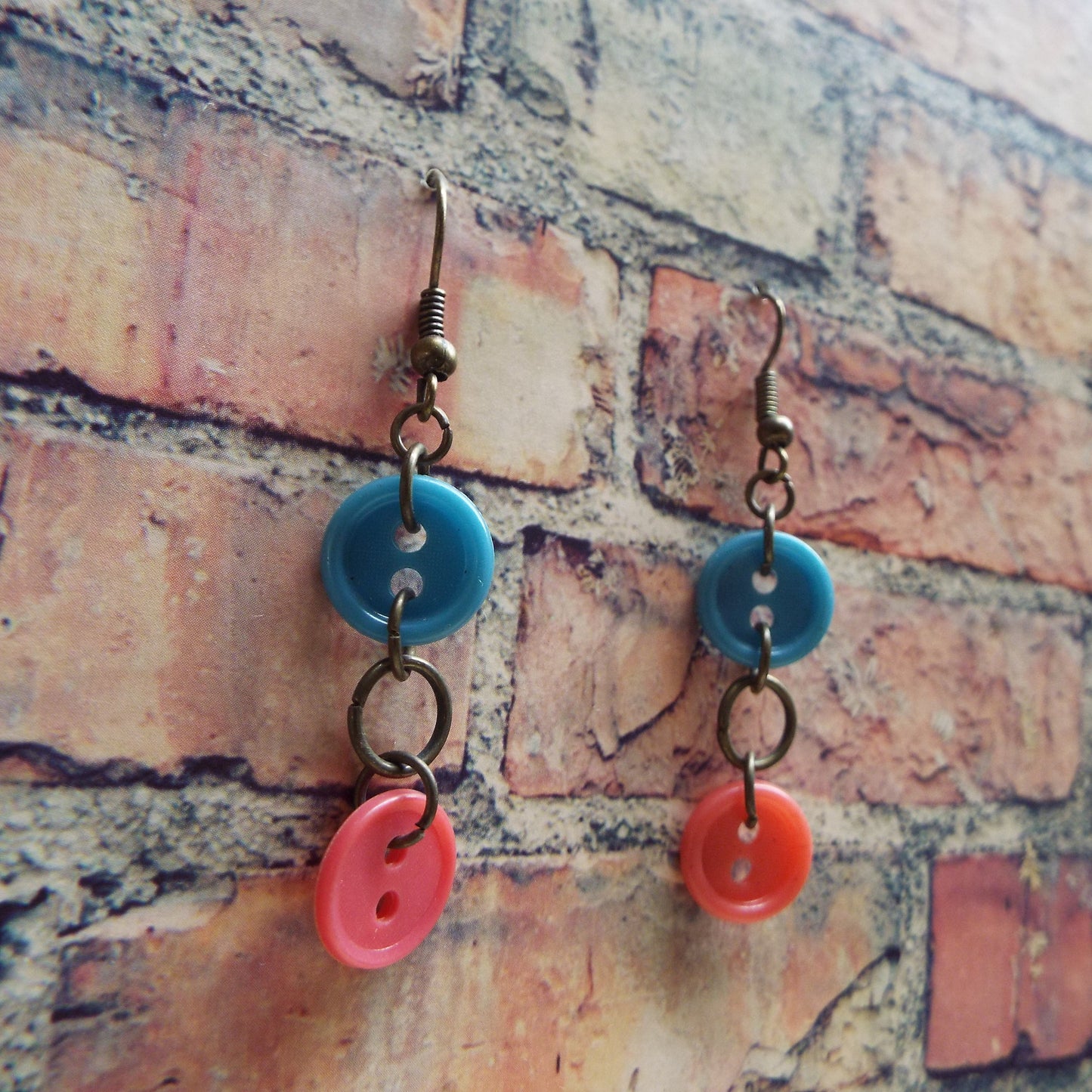 Pink & Blue Vintage Button Handmade Earrings