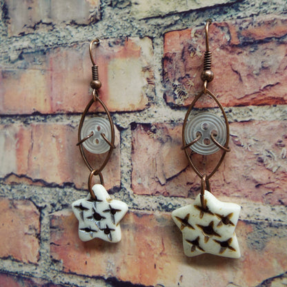 Vintage Button and Carved Bone Handmade Earrings