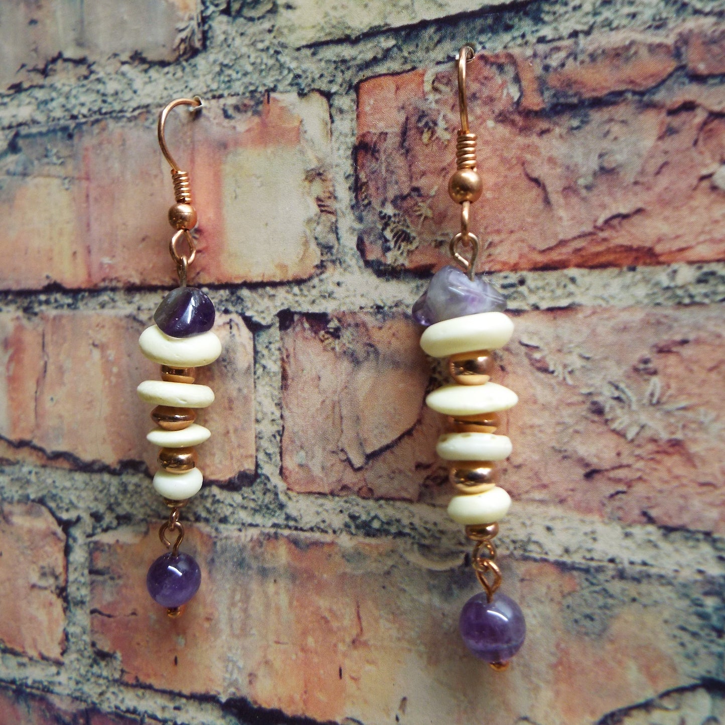 Amethyst and Bone Copper Handmade Earrings