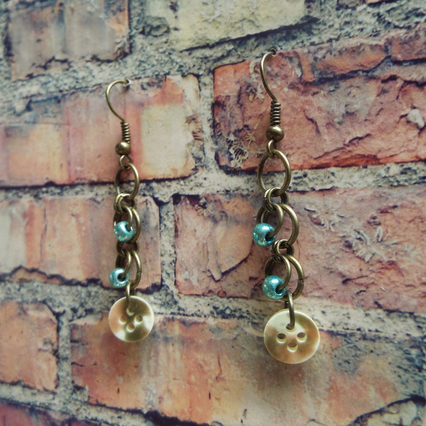 Teal Glass & Vintage Button Chainmail Earrings