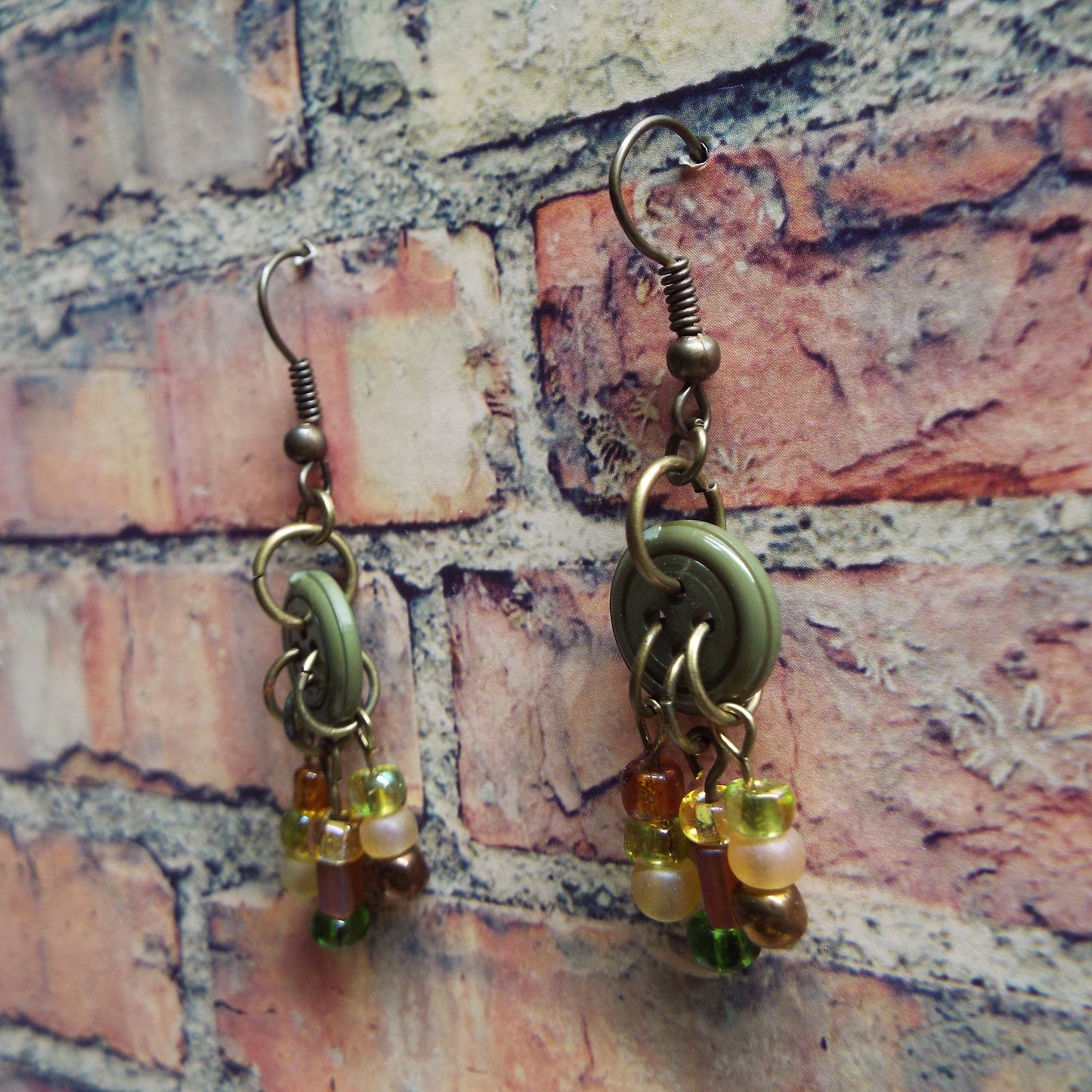 Vintage Hunter Green Button & Glass Bead Handmade Earrings