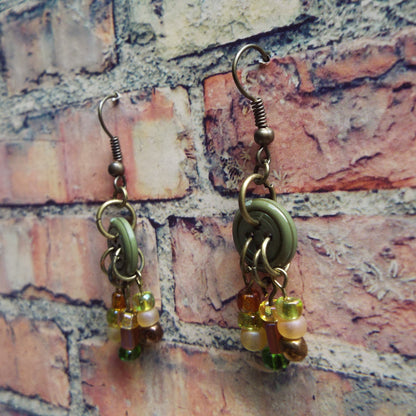 Vintage Hunter Green Button & Glass Bead Handmade Earrings