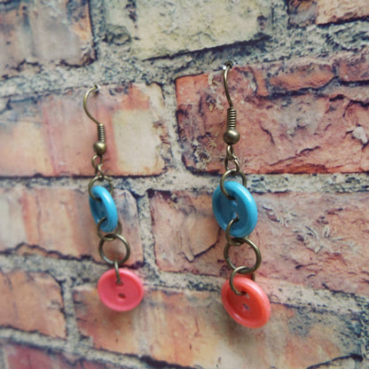 Pink & Blue Vintage Button Handmade Earrings