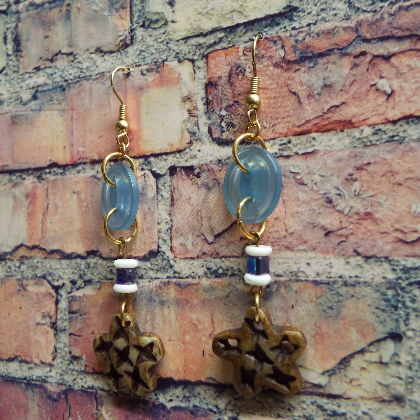 Vintage Blue Button and Carved Bone Stars Handmade Earrings
