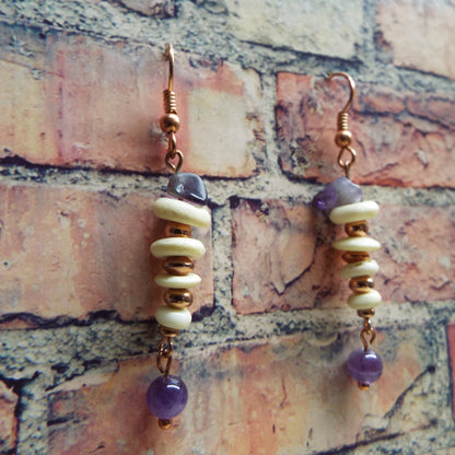 Amethyst and Bone Copper Handmade Earrings