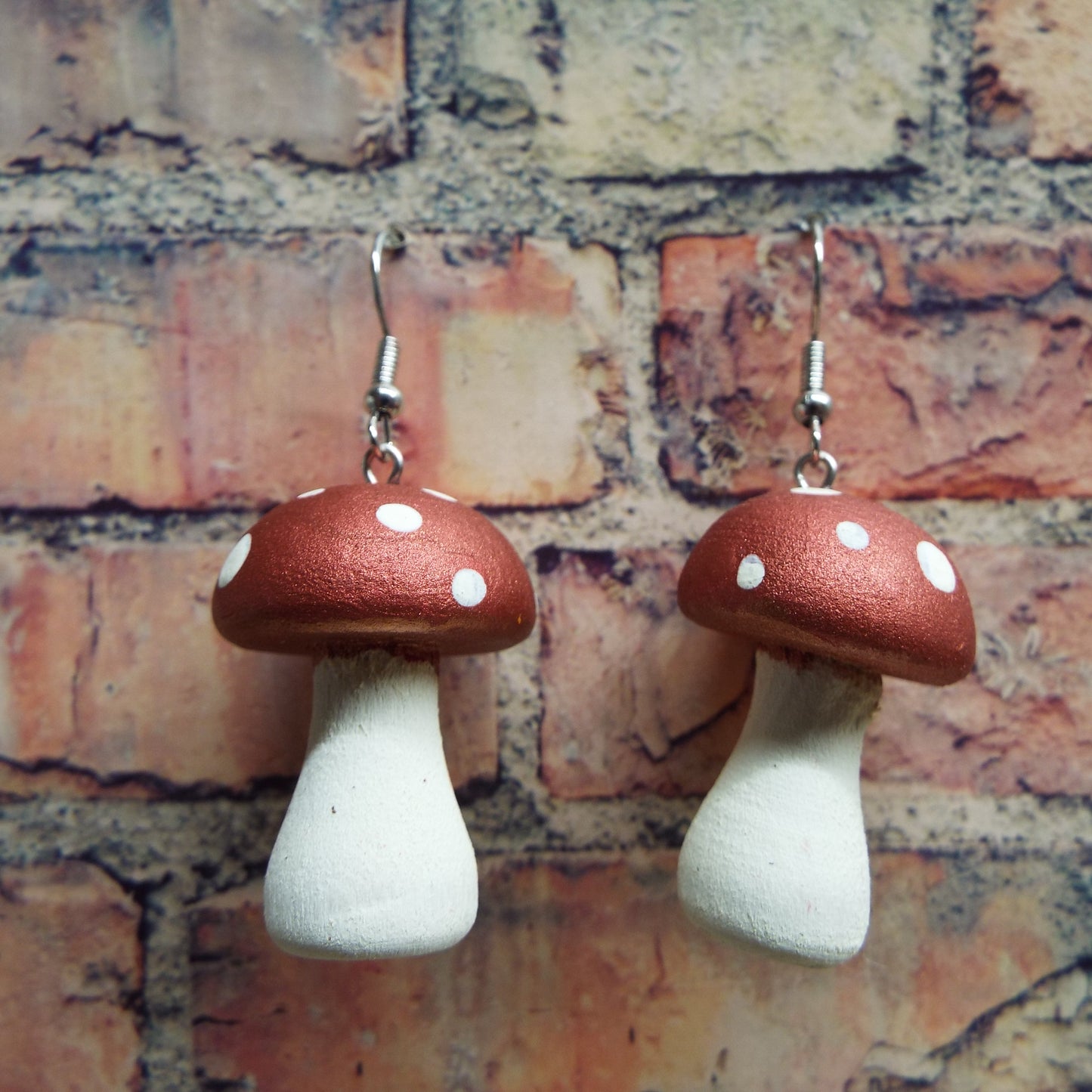 Hand-Painted Wooden Mushroom Earrings