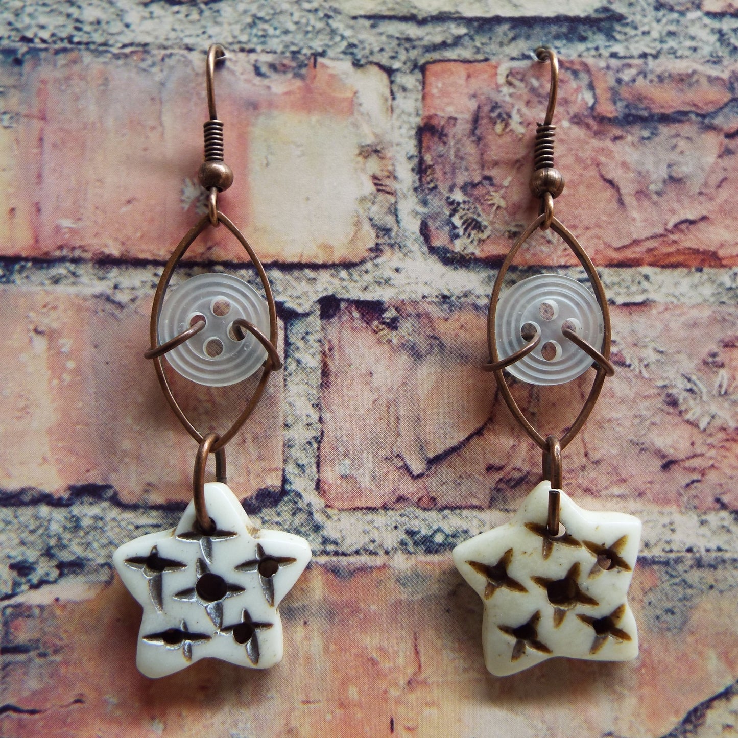 Vintage Button and Carved Bone Handmade Earrings