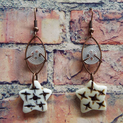 Vintage Button and Carved Bone Handmade Earrings