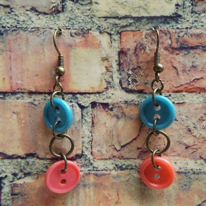 Pink & Blue Vintage Button Handmade Earrings