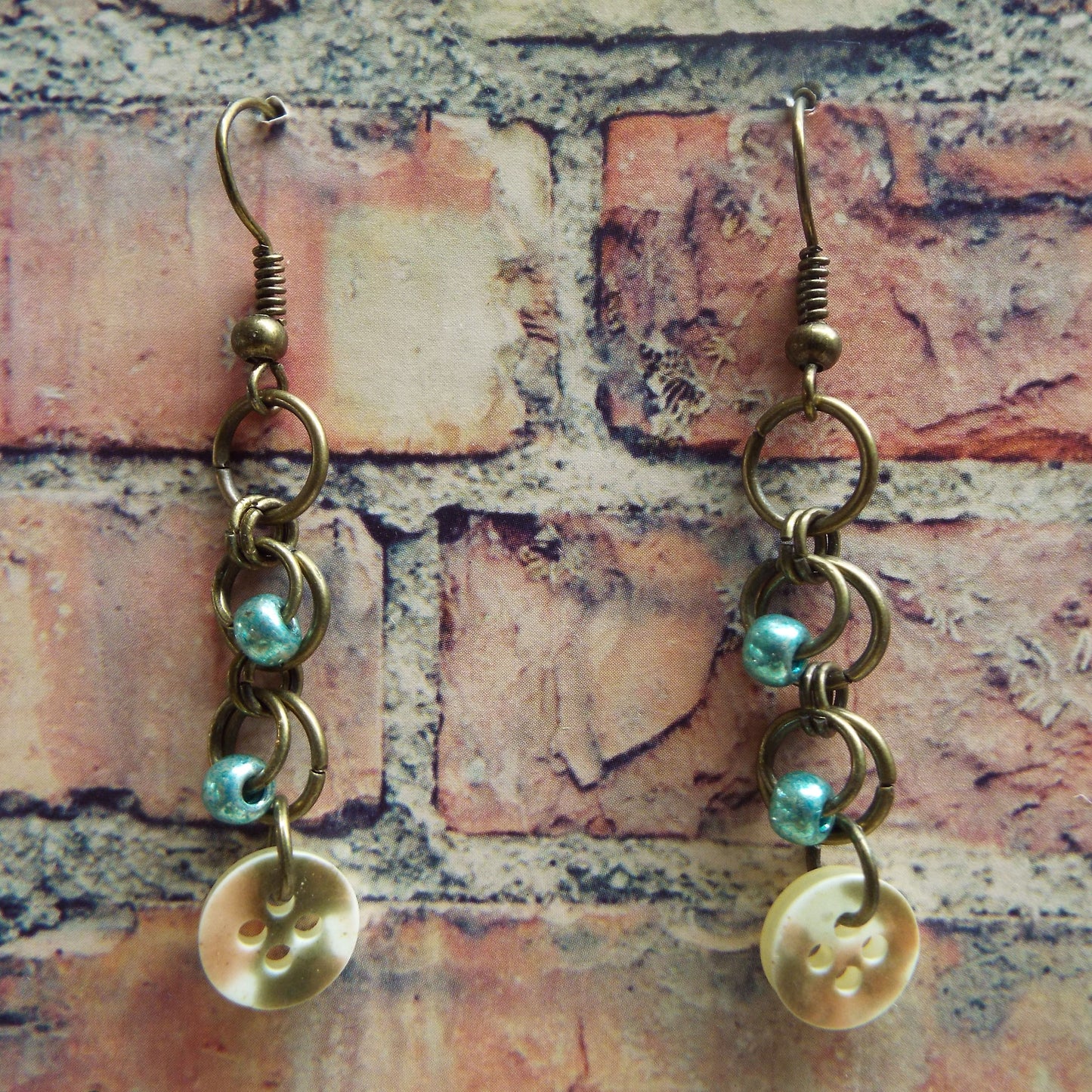 Teal Glass & Vintage Button Chainmail Earrings