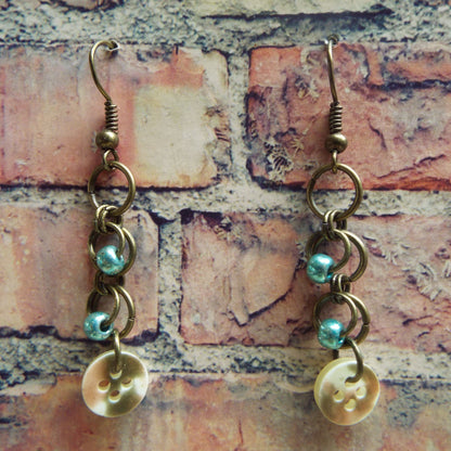 Teal Glass & Vintage Button Chainmail Earrings