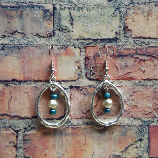 Teal Glass & Pearl Wavy Teardrop Handmade Earrings