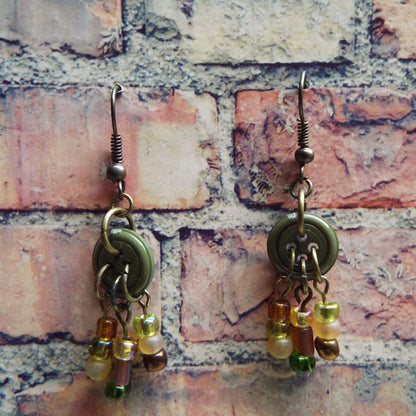 Vintage Hunter Green Button & Glass Bead Handmade Earrings