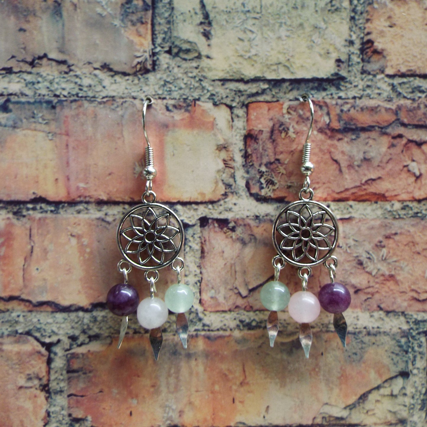 Rose Quartz, Amethyst, and Fluorite Mandala Handmade Earrings