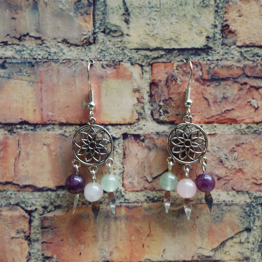 Rose Quartz, Amethyst, and Fluorite Mandala Handmade Earrings