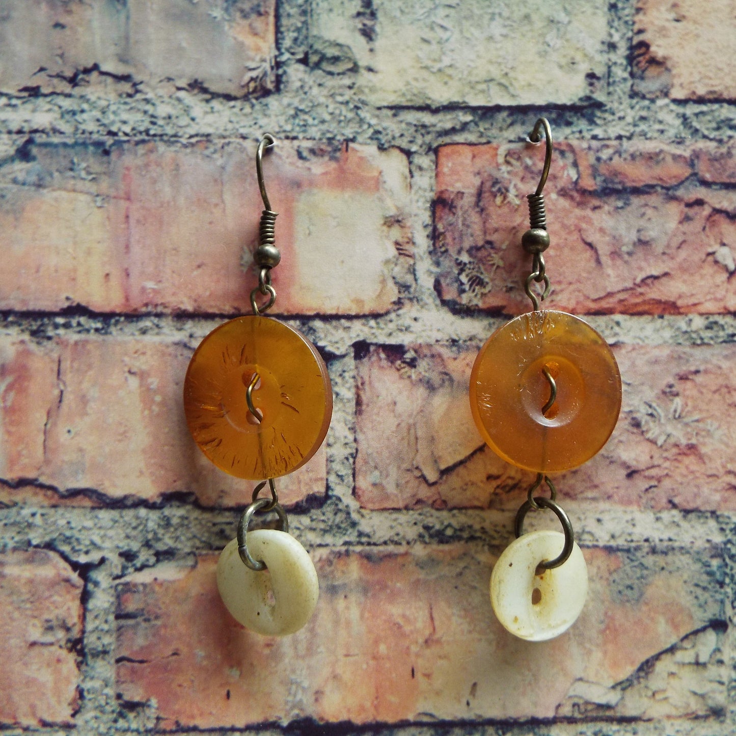 Amber and Mother of Pearl Vintage Button Handmade Earrings