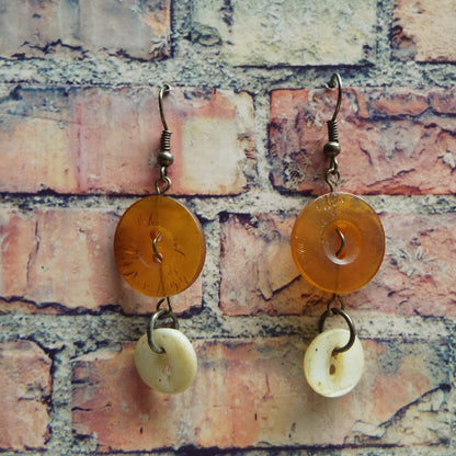 Amber and Mother of Pearl Vintage Button Handmade Earrings