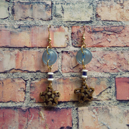 Vintage Blue Button and Carved Bone Stars Handmade Earrings