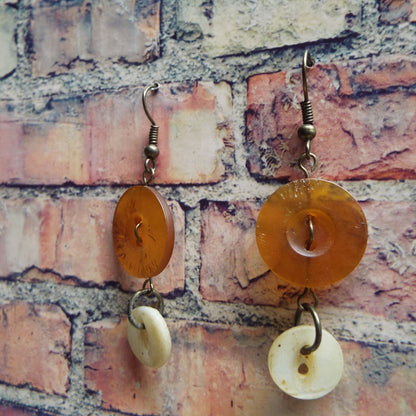 Amber and Mother of Pearl Vintage Button Handmade Earrings